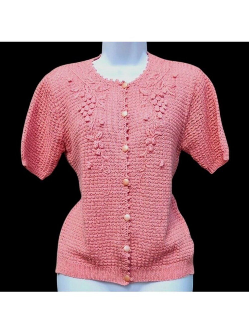Vintage 70s Japanese Pastel Pink Lace Knit Floral Cardigan Top M Sakura Flowers - Picture 11 of 11